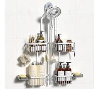 REINHARDT Panier de douche en alliage d'aluminium à suspendre pour pommeau de douche à main réglable - Organisateur de douche antirouille avec crochets et porte-savon - Argenté