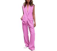 REINNAT Ensemble blazer sans manches et pantalon large pour femme, rose, L