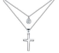 REIOT Collier Croix Femme en Argent Sterling 925 Chaîne Double Couche avec Oxyde de Zirconium 3A, Cadeau d'Anniversaire pour Dames Maman Femme, Réglable 43+5cm