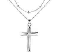 REIOT Collier Croix Femme en Argent Sterling 925 Chaîne Double Couche, Cadeau d'Anniversaire de la Fête des Mères pour Sa Maman Femme Petite Amie, Réglable 45+5cm