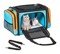Reisetasche für Chien/Chat Souple Ventilé Anti-Fugue Double Verrou Poids Léger et Pliable Étanche pour Train/Voiture/Véto(Blue)