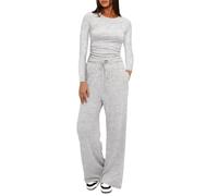 REITINGE Ensemble de détente assorti 2 pièces pour femme - Tenue d'automne 2025 - Col rond - Haut froncé - Pantalon large - Vêtement de détente décontracté, gris clair, M
