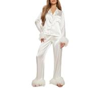 REITINGE Ensemble de pyjama en flanelle douce pour femme, chemise à revers et pantalon élastique, vêtements de détente pour sœur/mère, ensemble deux pièces, blanc, M