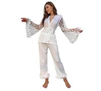 REITINGE Ensemble de vêtements de nuit en élasthanne doux et respirant à manches longues avec joli cœur évasé, idéal pour la détente, vêtements de nuit élégants, blanc, L