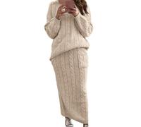 REITINGE Ensemble d'hiver chaud pour femme avec haut en tricot torsadé et jupe longue - Jupe longue - Deux pièces - Jupe longue - Ensemble d'hiver, abricot, S-XXL