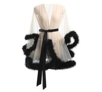 REITINGE Robe kimono en maille transparente pour femme avec écharpe en satin et fausse fourrure, manches longues, chemise de nuit de mariée, Maille noire et blanche, M