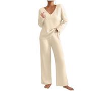 REITINGE Vêtement d'intérieur élégant côtelé pour femme - Tenue d'automne ample à manches longues et col en V - Pantalon large - Ensemble de vêtements de détente pour le week-end