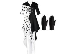 REIWIDE Carnaval Cruella Deville Cosplay Costume - Noire et Blanche Robe À Pois Sorcière - Femme Halloween Deguisement Jeu de Rôle (XL)