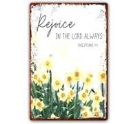 Rejoice In The Lord Always Philippians 4:4 Tin Sign Scripture Wall-Art for Home Living Room Kitchen Decor 8 X 12 in