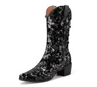 REKALFO Bottes à hauteur de genou pour femmes pour la fête au quotidien À enfiler Talons aiguilles Bottes de cow-boy à bout pointu pour femmes Noir 37 EU