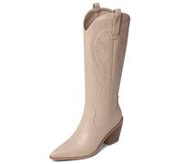 REKALFO Bottes Western Femmes Cuir Cowboy Bout Pointu Chunky Talon Empilé Cowgirl Genou Haute Botte Doublure En Molleton beige 39 EU
