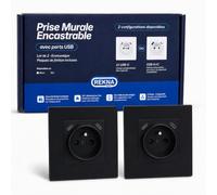 REKNA Prise Murale Encastrable Double USB-C 16A Plastique Noir | Lot de 2, sortie secteur 16A/250V, compatible boîtiers standard, certifiée CE RoHS, garantie 20 ans
