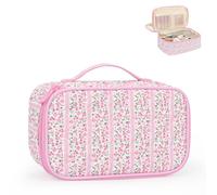 Relavel Jolie trousse de maquillage pour filles, trousse de maquillage rose portable, pochette de maquillage double couche avec porte-pinceau, organiseur de produits de toilette multifonction pour