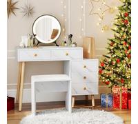 RELAX4LIFE 2-en-1 Ensemble de Coiffeuse et Tabouret Moderne avec Miroir LED Lumineux, 3 Modes d'Éclairage, Finition Marbre Faux, Pieds en Chêne Massif, 5 Tiroirs pour Maquillage et Étude