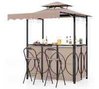 RELAX4LIFE Abri Barbecue avec 2 Chaises Pliantes | Tonnelle Barbecue avec Auvent Latéral | Comptoir & Étagères Métalliques | 4 Porte-verres | Crochet pour Lampe | Double Toit | Terrasse Patio (Marron)