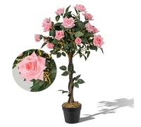 RELAX4LIFE Arbre à Roses Artificiel 93 CM avec Tronc en Bois Véritable, 259 Feuilles et 21 Fleurs, Rosier Artificielle en Pot, Décoration Extérieure ou Intérieure pour Maison, Balcon, Jardin