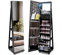 RELAX4LIFE Armoire à Bijoux à Roulettes 360º avec Miroir Pleine Longueur, Miroir sur Pied avec Rangement Bijoux, Éclairage LED, 5 Étagères Réglables pour Bague Bracelet (Noir)