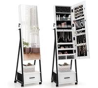 RELAX4LIFE Armoire à Bijoux à Roulettes avec Miroir Pleine Longueur, Miroir Armoire Bijoux avec Porte Verrouillable, Grand Tiroir pour Dressing Vestiaire (Blanc)