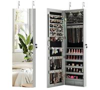RELAX4LIFE Armoire à Bijoux Murale avec LED, Armoire a Bijoux Porte avec Miroir, Miroir Rangement Porte avec Serrure, 2 Tiroirs, Peu Encombrante, pour Bracelet Collier Bague (Gris,sans cadre)