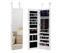 RELAX4LIFE Armoire à Bijoux Murale avec LED, Armoire a Bijoux Porte avec Miroir, Miroir Rangement Porte avec Serrure, 2 Tiroirs, Peu Encombrante, pour Bracelet Collier Bague