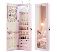 RELAX4LIFE Armoire à Bijoux Murale avec Miroir, 5 Lumières Automatiques, Miroir Rangement Bijoux avec 6 Tiroirs pour Boucles d'Oreilles Colliers Cosmétiques (Rose | Tiroir en MDF)