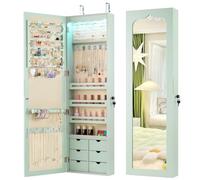 RELAX4LIFE Armoire à Bijoux Murale avec Miroir, 5 Lumières Automatiques, Miroir Rangement Bijoux avec 6 Tiroirs pour Boucles d'Oreilles Colliers Cosmétiques (Vert | Tiroir en MDF)