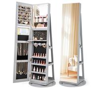 RELAX4LIFE Armoire à Bijoux Pivotante à 360º avec Miroir Pleine Longueur, Miroir Bijoux sur pied avec Rangement, Éclairage LED, 3 Étagères pour Bagues Boucles d'Oreilles (Gris)