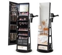 RELAX4LIFE Armoire à Bijoux Pivotante à 360ºavec Miroir Pleine Longueur, Miroir Bijoux sur Pied LED avec Support Sèche-Cheveux, Grand Tiroir, 3 Étagères pour Rangement Bijoux (Noir)