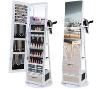 RELAX4LIFE Armoire à Bijoux Pivotante à 360ºavec Miroir Pleine Longueur, Miroir Bijoux sur Pied LED avec Support Sèche-Cheveux, Grand Tiroir, 3 Étagères pour Rangement Bijoux (Blanc)