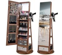 RELAX4LIFE Armoire à Bijoux Pivotante à 360ºavec Miroir Pleine Longueur, Miroir Bijoux sur Pied LED avec Support Sèche-Cheveux, Grand Tiroir, 3 Étagères pour Rangement Bijoux (Brun)