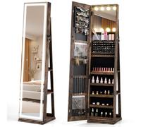 RELAX4LIFE Armoire à Bijoux Pivotante avec Miroir Psyché LED | Armoire Bijoux sur Pied | Miroir Cosmétique Hollywood | Ampoules Bulle à 3 Couleurs | Grande Capacité | Verrouillable (Marron)
