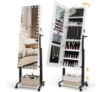 RELAX4LIFE Armoire à Bijoux sur Pied à Roues, Miroir Rangement Bijoux avec LED 3 Couleurs, Hauteurs & Angles Réglables, Étagère Inférieure, Meuble Bijoux pour Chambre Dressing(Blanc)