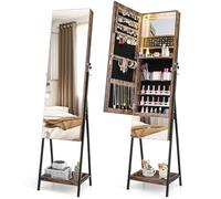 RELAX4LIFE Armoire à Bijoux sur Pied avec Miroir sans Cadre, Miroir Rangement Bijoux LED avec Tiroir Inclinable & Étagère Ouverte, Meuble Bijoux Verrouillable pour Chambre Dressing