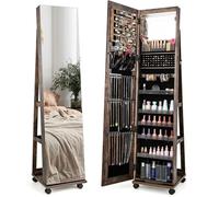 RELAX4LIFE Armoire à Bijoux sur Pied Mobile à 4 Roulettes 360º& Miroir Pleine Longueur, Miroir sur Pied avec Rangement Bijoux, Verrouillable à Clé, 5 Étagères Réglables pour Bague Bracelet