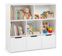 RELAX4LIFE Bibliothèque Enfant en Bois avec 5 Cubes et 3 Tiroirs à roulettes, Poignées Découpées, Anti-Renversement, Meuble de Rangement pour Jouets et Livres pour Salle de Jeux Crèche (Blanc)