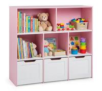 RELAX4LIFE Bibliothèque Enfant en Bois avec 5 Cubes et 3 Tiroirs à roulettes, Poignées Découpées, Anti-Renversement, Meuble de Rangement pour Jouets et Livres pour Salle de Jeux Crèche (Rose)