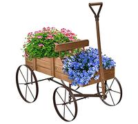RELAX4LIFE Brouette Décorative en Bois avec 4 Roues en Métal, Chariot à Fleurs avec Capacité de Charge Jusqu'à 15 kg, Bac à Fleurs pour Jardin Balcon Terrasse, Marron/Vert/Rouge (Marron)