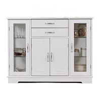 RELAX4LIFE Buffet de Cuisine avec 2 Tiroirs, 3 Armoires pour Grand Espace Stockage, Buffet Style Minimaliste Moderne avec Étagères Réglables en Verre pour Salons, Cuisines, Salles à Manger (Blanc)