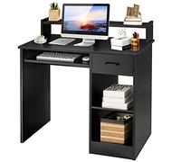 RELAX4LIFE Bureau d’Ordinateur, Bureau d'Ecriture Informatique avec Multi-Rangments, Tirroir et Étagère Élevée, Bureau Informatique Moderne avec Plateau à Clavier Coulissant à Domicile (Noir)