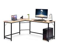 RELAX4LIFE Bureau Informatique d'angle en Forme de L en Bois et Métal avec 6 Pieds Réglables, Poste de Travail 125.5x167.5x73.5cm avec Support CPU étude Table pour Maison et Bureau (Bois)
