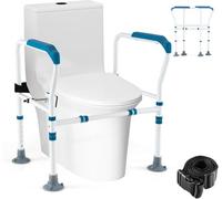 RELAX4LIFE Cadre de Sécurité pour Toilettes, Hauteur&Largeur Réglables, Rehausseur WC Adulte avec Accoudoirs, Pieds à Ventouse, Pince Rotative 360°, Barre d'Appui WC pour Âgé Handicapé Enceinte (Bleu)