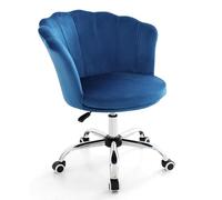 RELAX4LIFE Chaise de Bureau en Velours, Chaise Pivotante 360° Hauteur Réglable 74-82cm avec roulettes & Dossier en Forme de Coquillage, Chaise de Maquillage Rembourrée pour Salon Chambre Bureau, Bleu