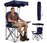 RELAX4LIFE Chaise de Camping Pliante avec Toit Parasol,Porte-Boisson, Chaise de Pêche en Cadre Métallique Charge Max 120 kg pour Camping Pêche Excursion Plage (Bleu)