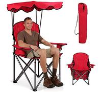 RELAX4LIFE Chaise de Camping Pliante avec Toit Parasol,Porte-Boisson, Chaise de Pêche en Cadre Métallique Charge Max 120 kg pour Camping Pêche Excursion Plage (Rouge)