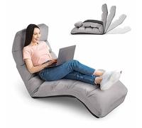 RELAX4LIFE Chaise Paresseuse Rembourré avec Dossier 90°-180°et Oreiller, Fauteuil au Sol Pliable en Surface Suède, Convient au Bureau, Lire, 175 x 55 x 20CM (Gris)