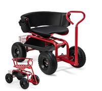 RELAX4LIFE Chariot de Jardin avec 4 roulettes Siège Pivotant 360° Hauteur Réglable Poignée Extensible Panier de Rangement, Chariot de Outil pour Garage Pelouse Cour Charge 135 kg Rouge