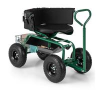 RELAX4LIFE Chariot de Jardin avec 4 roulettes Siège Pivotant 360° Hauteur Réglable Poignée Extensible Panier de Rangement, Chariot de Outil pour Garage Pelouse Cour Charge 135 kg Vert