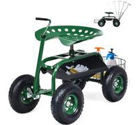 RELAX4LIFE Chariot de Jardin Roulant, Siège de Travail de Jardin Roulant avec Panier de Rangement et Plateau, Roues, Siège Ergonomique, Poignée Extensible pour Terrasse Jardin