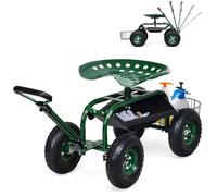 RELAX4LIFE Chariot de Jardin Roulant, Siège de Travail de Jardin Roulant avec Panier de Rangement et Plateau, Roues, Siège Ergonomique, Poignée Extensible pour Terrasse Jardin