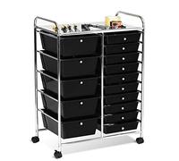 RELAX4LIFE Chariot de Rangement avec 15 Multi-tiroirs en PP et Cadre en Métal, Rayonnage de Rangement à roulettes avec 2 Freins pour Bureau, Salon, Chambre (10 étagères avec 15 tiroirs, Noir)